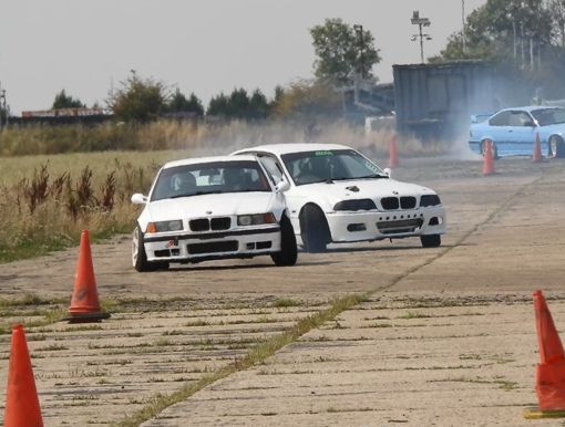The BMW E36 drifting on the main track at Dakota Drag and Drift event.